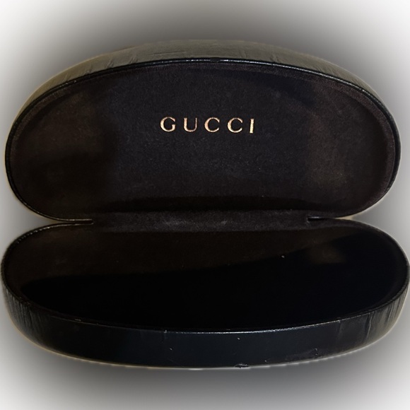 VTG GUCCI SUNGLASSES CASE LOGO HARD LEATHER CLAMSHELL BLACK CRESCENT EYE GLASSES - Picture 4 of 4